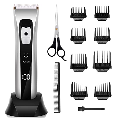 Maquina Cortar Pelo Profesional Cortapelos Hombre Recargable Inalámbrica con Peines 4-24 mm/Derecha/Izquierda Recortador Pelo Barba IPX6 Impermeable Kit Familia, Plateado