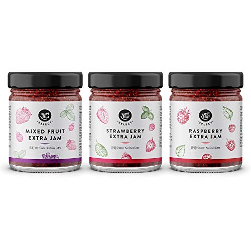 Marca Amazon - Happy Belly Select Colección de bayas (frutas del bosque, fresa, frambuesa), 75 % mermelada, 3 x 180 g