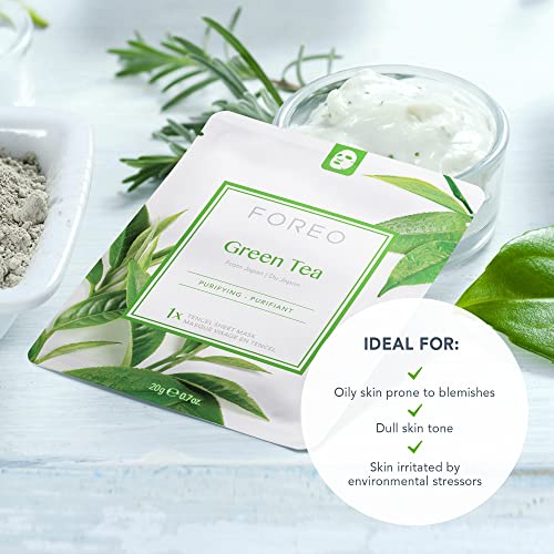 Mascarilla facial FOREO Green Tea para piel con imperfecciones, pack de 3, fórmula calmante y antioxidante, no testada en animales y compatible con los dispositivos UFO