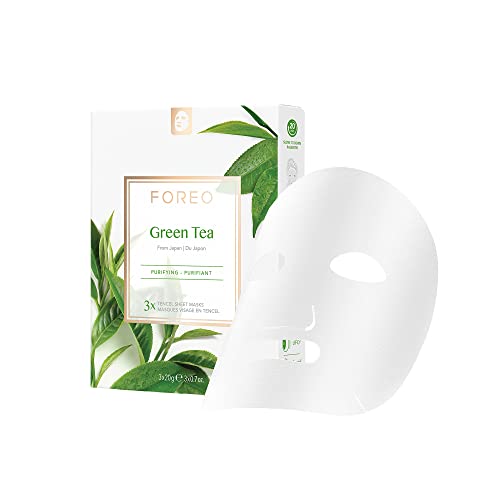 Mascarilla facial FOREO Green Tea para piel con imperfecciones, pack de 3, fórmula calmante y antioxidante, no testada en animales y compatible con los dispositivos UFO