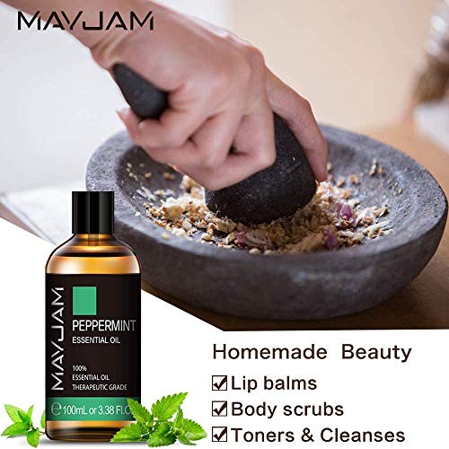 MAYJAM Aceites Esenciales de Menta 100 ml, 100% Aceites Esenciales Naturales Puros, Aceite Esencial de Aromaterapia de Grado Terapéutico, Aceites de Fragancia para Difusor, Relajación, Sueño