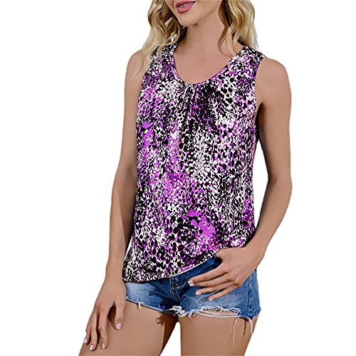 Mayntop Camiseta sin mangas para mujer, de verano, con estampado de leopardo, sin mangas/manga corta, talla grande