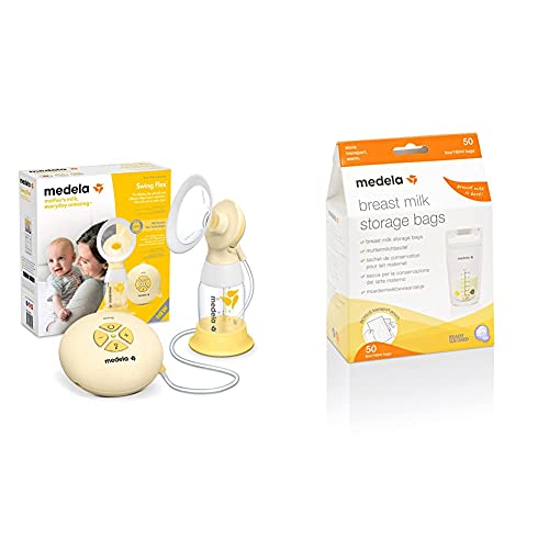 Medela Extractor De Leche Eléctrico Individual Swing Flex Diseño Compacto + Pack De Bolsas De Almacenamiento De Leche Materna De 180 Ml Paquete De 50 Bolsas De Recogida De Leche Materna