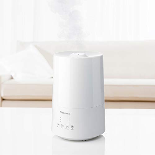 Medisana AH 661 Humidificador ultrasónico, purificador de aire para dormitorio y sala de estar, nebulizador con compartimento de aromas y función de calefacción contra aire seco, 3,5 litros