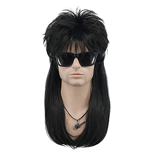 MEIRIYFA Rocker - Peluca larga y negra para hombre, peluca Rocker, punk, pelucas de salmonete para disfraz de Halloween, fiesta de cosplay, 62 cm