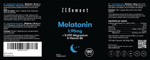 Melatonina 1,95 mg con 5-HTP, Magnesio y Vitamina B6, 180 Cápsulas | Ayuda con el insomnio o trastornos del sueño | Vegano, No-GMO, GMP, libre de aditivos, sin Gluten | de Zenement