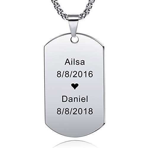 MeMeDIY Nombre De Grabado Personalizado con Etiqueta De Perro Collar Cadena Colgante para Hombre Mujere Acero Inoxidable, con 4 Regalos: 2 Cadenas, Llavero, Silenciador (5 Colores) (Plata)