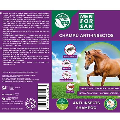 MENFORSAN Champú Anti-Insectos con Margosa, Geraniol y Lavandino para Caballos 1L, Protégelo de Cualquier Insecto