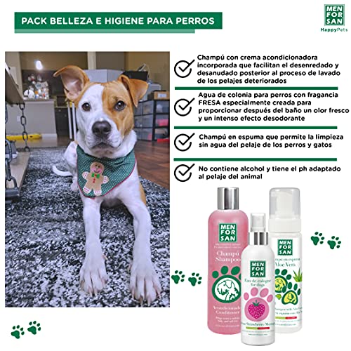 MENFORSAN Pack Higiene y Belleza Menforsan, Champú Acondicionador Perros 300ml, Colonia Fresa para Perros 125ml, Champú en Espuma para Perros y Gatos 200ml, Rico Aroma a Fresa