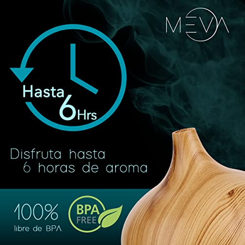 MEVA Difusor de aceites esenciales Humidificador Ultrasónico 400ml para Aromaterapia y purificador de aire con 7 colores Led y control remoto en acabados tipo madera (MADERA BAMBÚ)