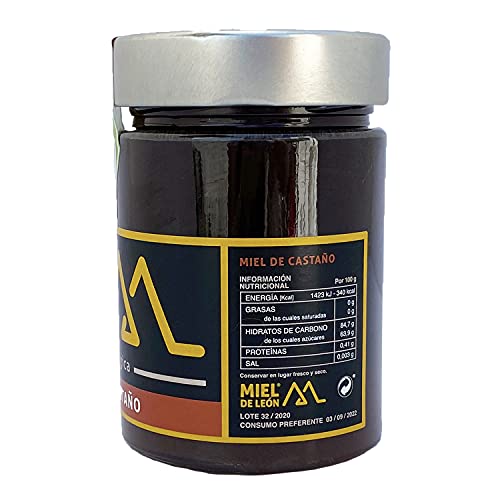 Miel de León | Miel de Castaño - 450 gr - Miel de Abeja 100% Natural y Ecológica. Producto Artesano de Cosecha Propia. Sabor Amaderado - Aroma Intenso. Origen: El Bierzo.