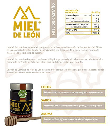 Miel de León | Miel de Castaño - 450 gr - Miel de Abeja 100% Natural y Ecológica. Producto Artesano de Cosecha Propia. Sabor Amaderado - Aroma Intenso. Origen: El Bierzo.