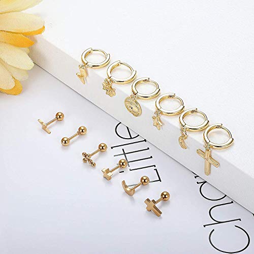 Milacolato 12Pcs 316L Acero inoxidable Luna Estrella Pendientes de botón Pendientes de Aro Colgantes para Mujeres Hombres CZ Cartílago de gota Joyería Pequeño Pendientes Aros Oro