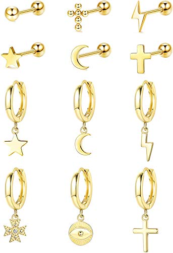 Milacolato 12Pcs 316L Acero inoxidable Luna Estrella Pendientes de botón Pendientes de Aro Colgantes para Mujeres Hombres CZ Cartílago de gota Joyería Pequeño Pendientes Aros Oro