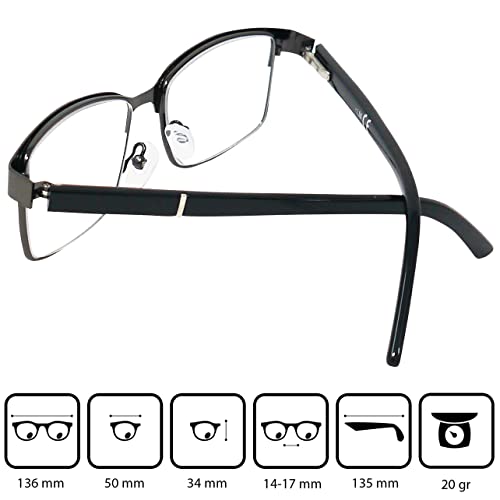 Mini Brille Gafas con Filtro de Luz Azul Finas de Metal con Lentes Rectangulares, Funda GRATIS, Montura Cuadradas de Acero Inoxidable (Grafito), Gafas de Lectura Hombre y Mujer +2.5 Dioptrías