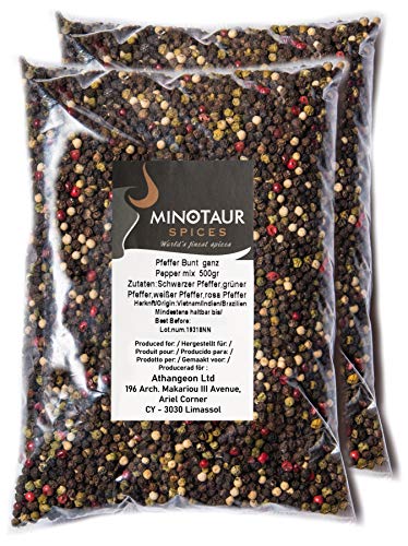 Minotaur Spices | Pimienta de Colores, Entera | 2 x 500g (1 Kg) | Pimienta de Colores Hecha de Semillas Negras, Blancas, Verdes y Rosas