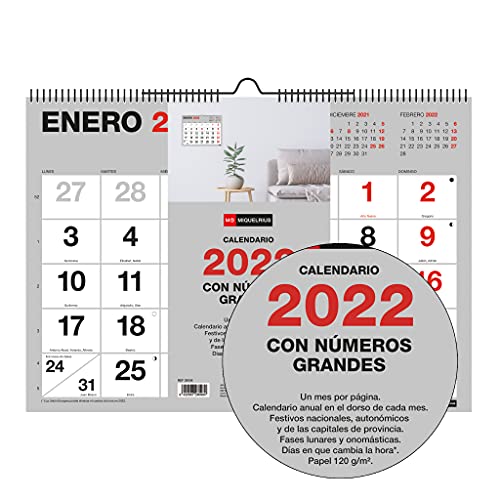 Miquelrius - Calendario de pared 2022 Basic - tamaño A3 (420 x 296 mm) - con números grandes - Gris