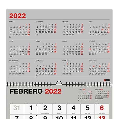 Miquelrius - Calendario de pared 2022 Basic - tamaño A3 (420 x 296 mm) - con números grandes - Gris