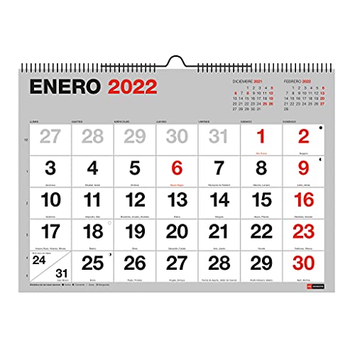 Miquelrius - Calendario de pared 2022 Basic - tamaño A3 (420 x 296 mm) - con números grandes - Gris