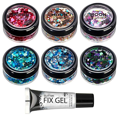 Mística Brillantina consistente por Moon Glitter – 100% Brillo Cosmético para la Cara, Cuerpo, Uñas, Cabello y Labios - 3g - Set de 6 colores