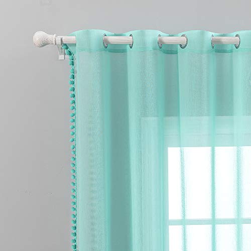 MIULEE Cortinas Salon Visillos con Pompones para Ventana Habitacion Cortina Translucida Poliéster de Ollaos Decoracion para Dormitorio Visillo Moderno Comedor Cocina 2 Hojas 140x145cm Turquesa