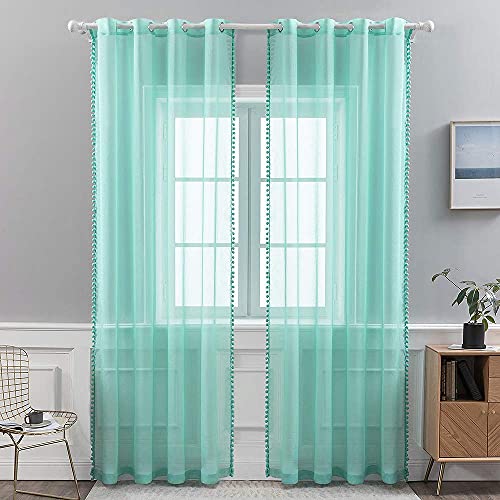 MIULEE Cortinas Salon Visillos con Pompones para Ventana Habitacion Cortina Translucida Poliéster de Ollaos Decoracion para Dormitorio Visillo Moderno Comedor Cocina 2 Hojas 140x145cm Turquesa