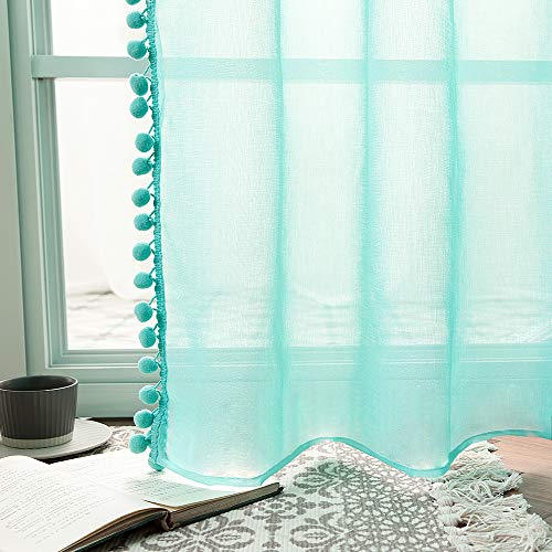 MIULEE Cortinas Salon Visillos con Pompones para Ventana Habitacion Cortina Translucida Poliéster de Ollaos Decoracion para Dormitorio Visillo Moderno Comedor Cocina 2 Hojas 140x145cm Turquesa