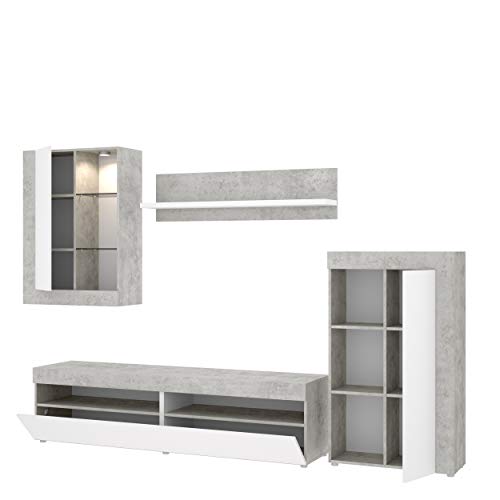 Mobelcenter - Mueble de Salón Tokio - Módulo TV, Módulo con estantes, Módulo Superior y Estante - Acabado en Color Cemento y Blanco - Medidas: Ancho: 254 cm x Alto: 112 cm x Fondo: 42 cm - (1200)