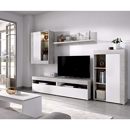 Mobelcenter - Mueble de Salón Tokio - Módulo TV, Módulo con estantes, Módulo Superior y Estante - Acabado en Color Cemento y Blanco - Medidas: Ancho: 254 cm x Alto: 112 cm x Fondo: 42 cm - (1200)