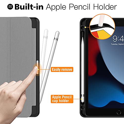 MoKo Funda para Nuevo iPad 9ª Generación 2021/iPad 8ª Gen 2020/iPad 7ª Gen 2019, iPad 10.2 Case, Protectora de TPU + PC con Soporte de Apple Pencil con Función Auto Estela/Sueño - Negro