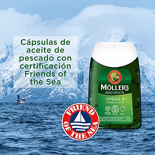 Moller’s ® | Cápsulas de omega 3 | Aceite de pescado | Suplemento dietético nórdico con omega 3 y EPA, DHA, vitaminas A, D y E | Marca con 166 años de historia | Daily Health | 112 cápsulas