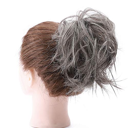 Moño Postizo Pelo Sintético Se Ve Natural Voluminoso Postizos de Pelo Recogido Coletero Peinado Extensiones de Cabello Rizado Corto Messy Bun Resaltado Rubio Gris