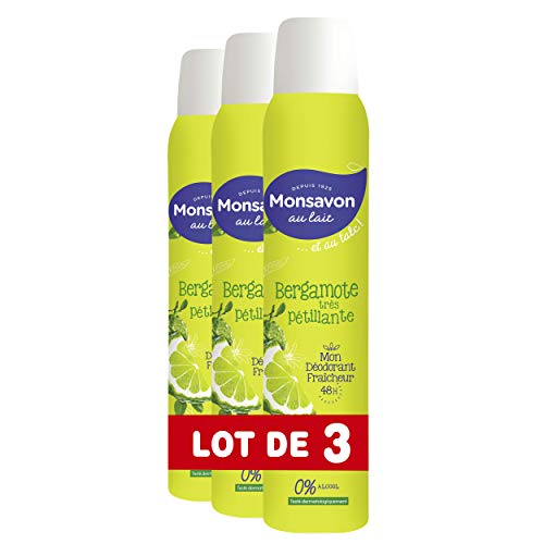 Monsavon - Desodorante de talco para mujer con aroma a bergamota, spray de 200 ml, lote de 3