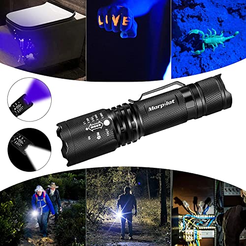 morpilot Linterna Táctica y UV 2 en 1, Linterna LED 500LM, Linterna Militar, Aluminio, Anti-caída, Impermeable IPX4, 4 Modos, 395nm Lampara uv para Detector Billetes, 3 Baterías Incluidas, Negro