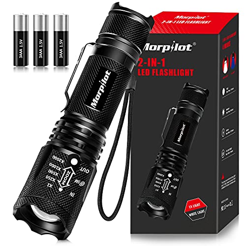 morpilot Linterna Táctica y UV 2 en 1, Linterna LED 500LM, Linterna Militar, Aluminio, Anti-caída, Impermeable IPX4, 4 Modos, 395nm Lampara uv para Detector Billetes, 3 Baterías Incluidas, Negro