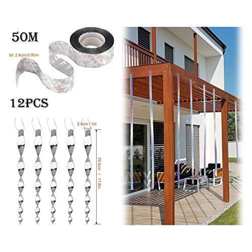 MQIAN 12 Piezas Espiral de Viento Plateado Reflectante para Control de Aves, 50M Cinta Reflectante de Doble Cara Repelente de Pájaros, para Evitar Que Las Aves Protejan Flores y Jardines