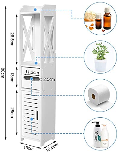 Mueble de almacenamiento de madera para cuarto de baño, mueble columna, cuarto de baño, portapapel higiénico, 80 x 15,5 x 15 cm, color blanco