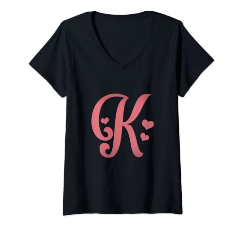 Mujer Letra inicial romántica K Monograma de corazón rosa Camiseta Cuello V