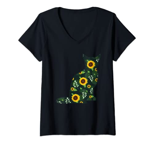 Mujer Ocelot Girasol Chica Floral Wildcat Hawaiano Regalo para Mujer Camiseta Cuello V