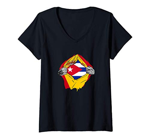 Mujer Super Bandera Cuba y España - Descendiente de Cubano Camiseta Cuello V