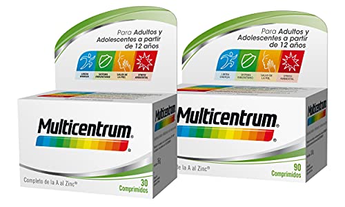 Multicentrum Complemento Alimenticio Multivitaminas con 13 Vitaminas y 11 Minerales, Sin Gluten, para Adultos y Adolescentes a Partir de 12 Años, Pack de 90 y 30 Comprimidos