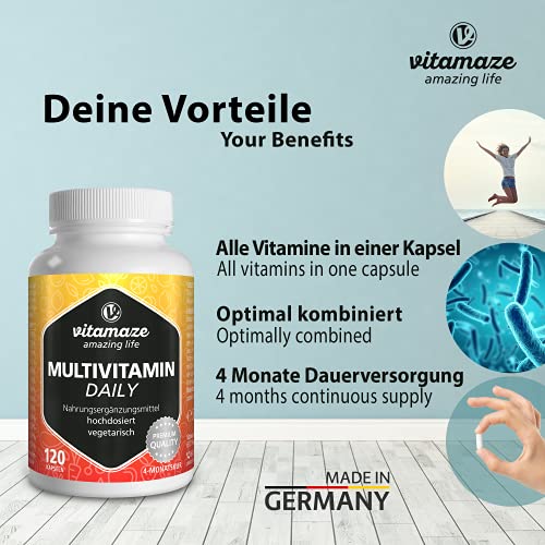 Multivitaminas Completo en Dosis Altas, 13 Vitaminas A, B, C, D, E, K, sin Yodo, 120 Cápsulas Vegetales para 4 Meses, Suplemento sin Aditivos Innecesarios, Calidad Alemana