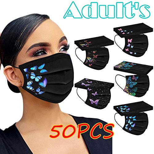 Mumustar 50 mascarillas desechables para adultos negra Serie de elementos de mariposa, agradable a la piel y cómodo Adecuado para salir, ir de fiesta (A)