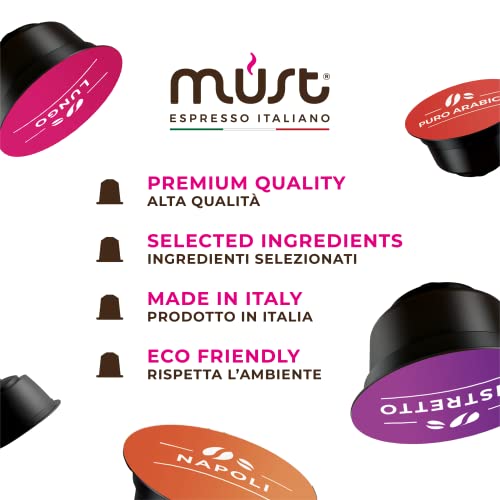 MUST Café Variety Pack Degustación 96 Cápsulas, 6 Paquetes de 16 Cápsulas, Intensidades Mixtas de 5/8 a 8/8, Cápsulas Autoprotegidas Compatibles con la Máquina Nescafè Dolce Gusto, Made in Italy