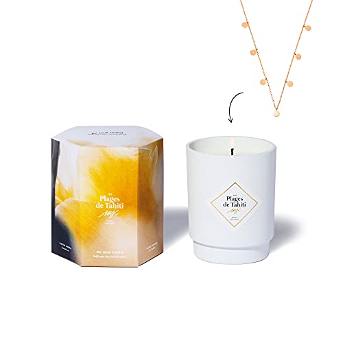 MY JOLIE CANDLE | Vela Perfumada Monoï (Las Playas de Tahití) con joya en su interior | Collar Dorado | 50h de combustión | Cera vegetal 100% natural | 250g