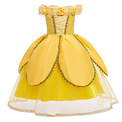 MYRISAM Disfraz de Carnaval Vestidos de Princesa Belle para Niñas Traje de Halloween Navidad Cumpleaños Fiesta Ceremonia Aniversario Bella y Bestia Costume con Accesorios 3 años