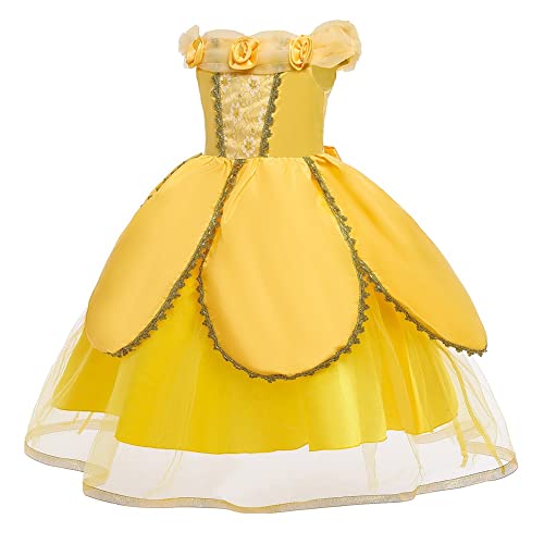 MYRISAM Disfraz de Carnaval Vestidos de Princesa Belle para Niñas Traje de Halloween Navidad Cumpleaños Fiesta Ceremonia Aniversario Bella y Bestia Costume con Accesorios 3 años