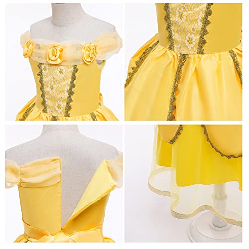 MYRISAM Disfraz de Carnaval Vestidos de Princesa Belle para Niñas Traje de Halloween Navidad Cumpleaños Fiesta Ceremonia Aniversario Bella y Bestia Costume con Accesorios 3 años