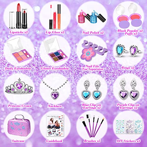 Nabance Maquillaje Niñas Set, 34 Piezas Lavables Set de Maquillaje para Niñas con Caja Morado de Maquillaje, Morado Corona, Anillos, Collar, Manual de Cosméticos, Princesa Niñas Regalo de Cumpleaños