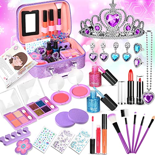 Nabance Maquillaje Niñas Set, 34 Piezas Lavables Set de Maquillaje para Niñas con Caja Morado de Maquillaje, Morado Corona, Anillos, Collar, Manual de Cosméticos, Princesa Niñas Regalo de Cumpleaños